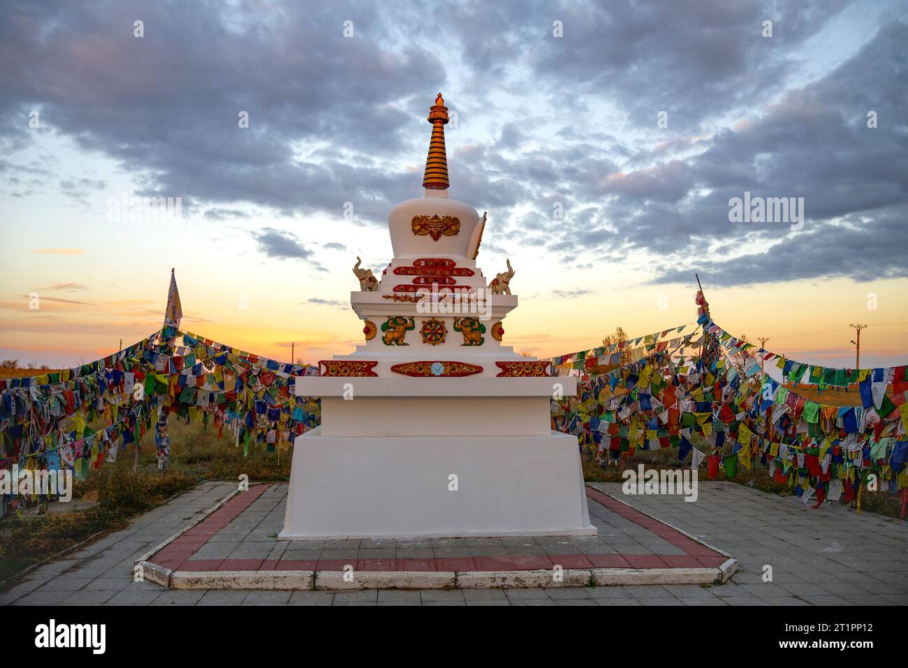 ELISTA, RUSSIA - SEPTEMBER 20, 2021: Stupa on the territory of the hurula Syakyusn-Syume on the background of sunset. Elista. Republic of Kalmykia, Ru Stock Photo