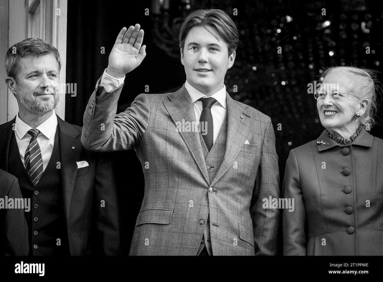 From left: Crown Prince Frederik, Prince Christian and Queen Margrethe attend Prince Christian's 18th birthday, which is celebrated from the balcony of Frederik VIII's Palace, Amalienborg Castle in Copenhagen, on Sunday 15 October 2023.. (Photo: Mads Claus Rasmussen/Ritzau Scanpix) Stock Photo