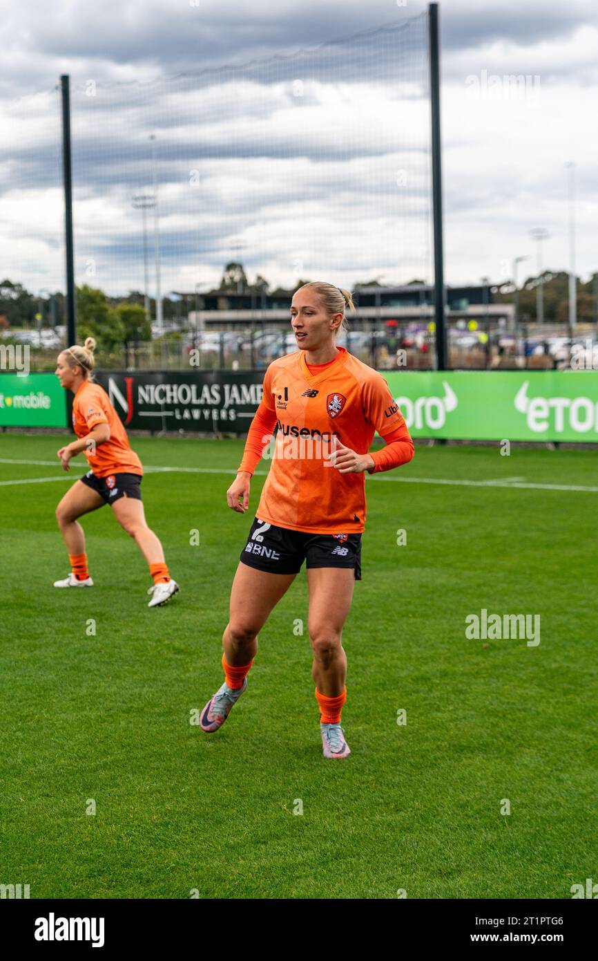Bundoora, Australia. 15 October, 2023. Brisbane Roar’s Rebecca Kirkup (#2) practising before kick-off of the opening round of the Liberty A-League Women’s match between Melbourne Victory and Brisbane Roar. Credit: James Forrester/Alamy Live News Stock Photo
