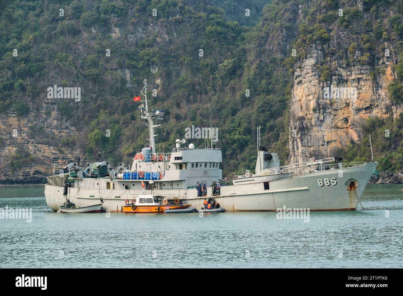 Ha Long Bay, Vietnam. Naval Rescue Boat Searching for Victims of Helicopter Crash. Stock Photo