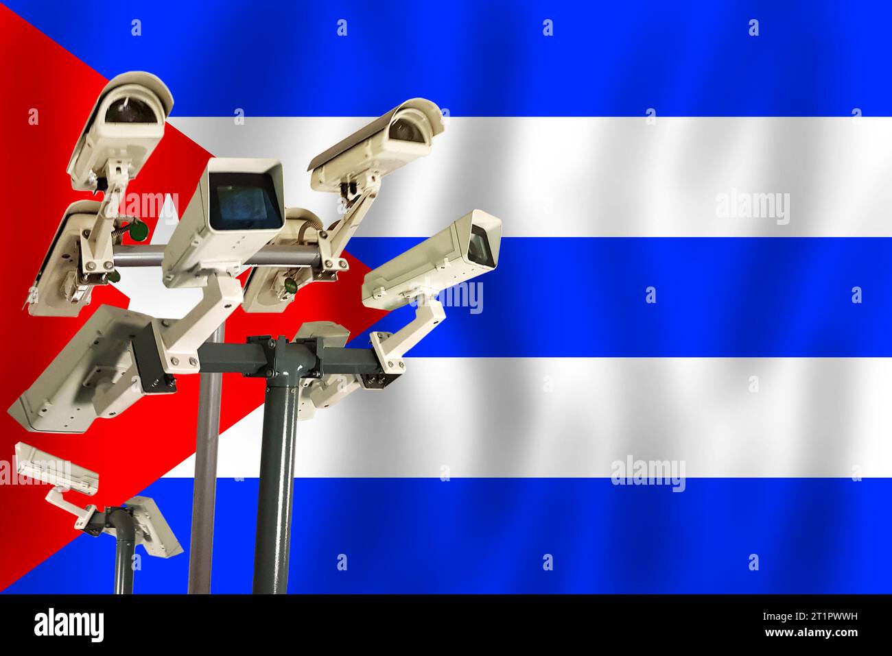 Cuban CCTV camera on the flag of Cuba Surveillance, security, control and totalitarianism concept Stock Photo