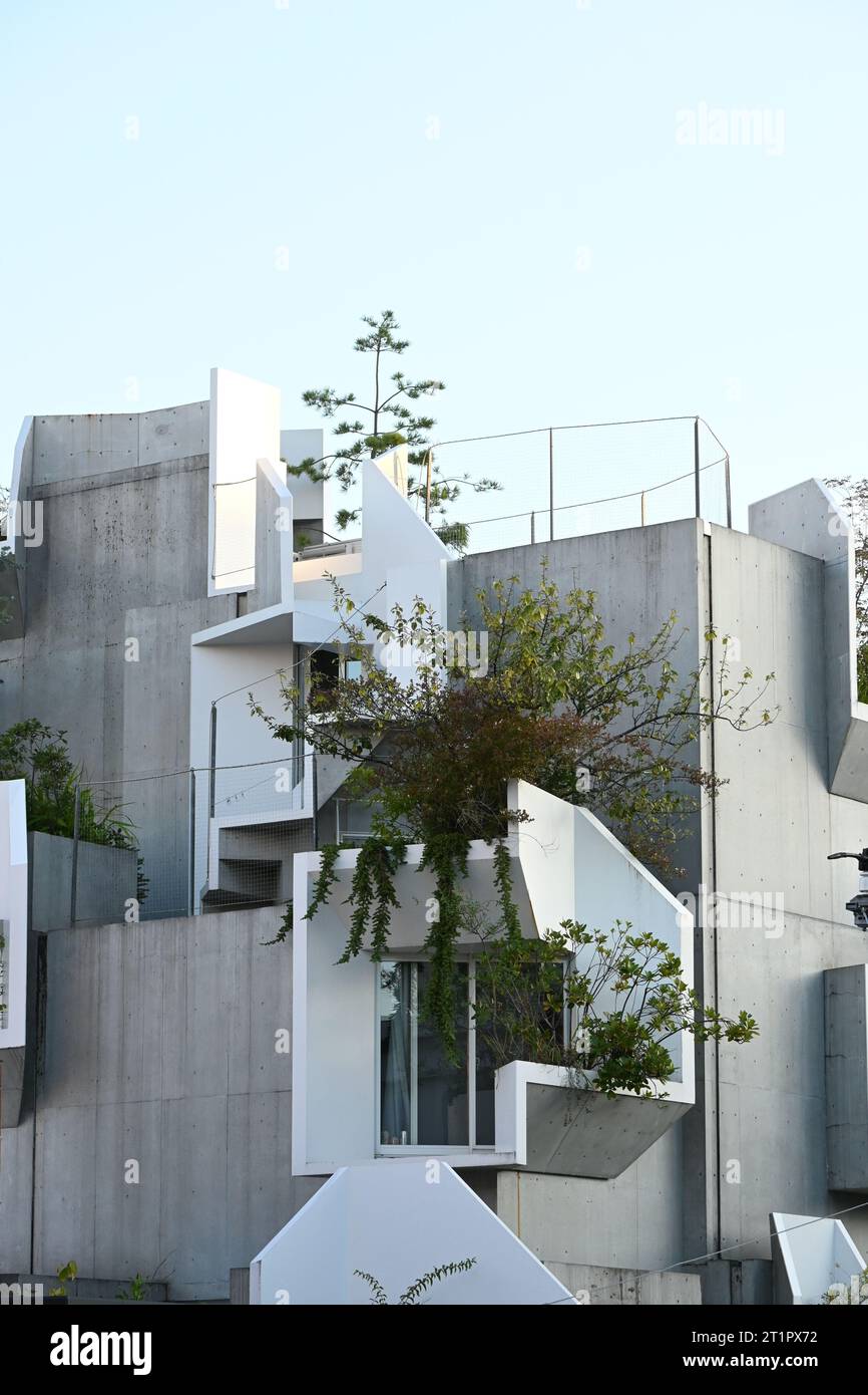 Green architecture by Akihisa Hirata in Tokyo: Tree-Ness House  designed like a vertical forest blends nature and architecture through green balconies Stock Photo