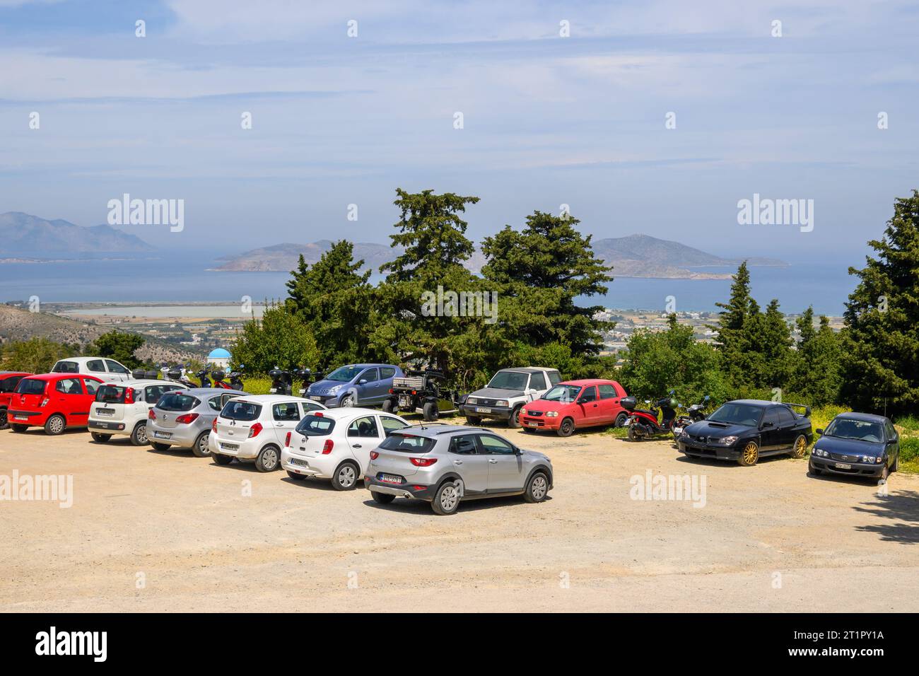 Kos, Greece - May 9, 2023: A parking spot next to the Zia village on the island of Kos. Greece Stock Photo