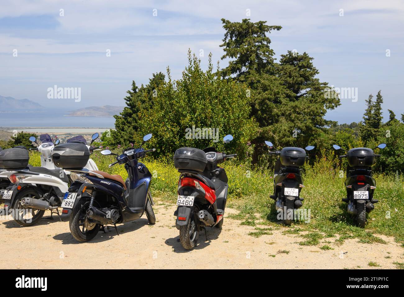 Kos, Greece - May 9, 2023: Parking space for motorcycles next to the village of Zia on the island of Kos. Greece Stock Photo