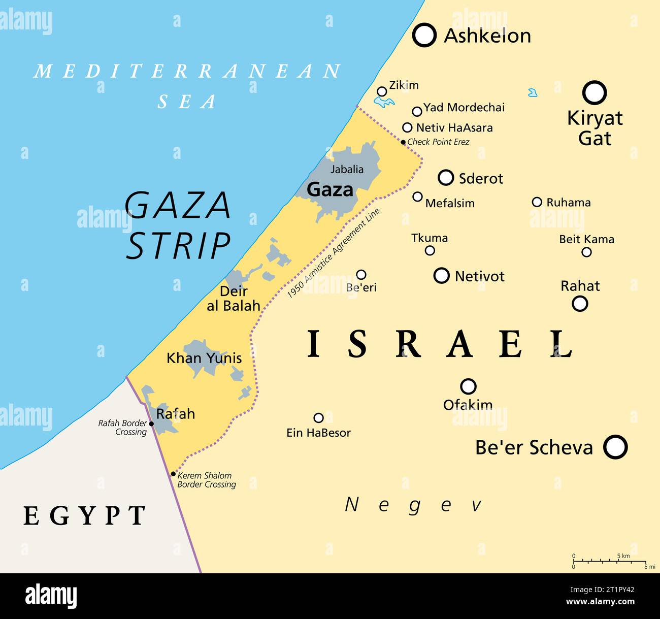 The Gaza Strip and surroundings, political map. Gaza, self-governing Palestinian territory, narrow piece of land bordered by Israel and Egypt. Stock Photo