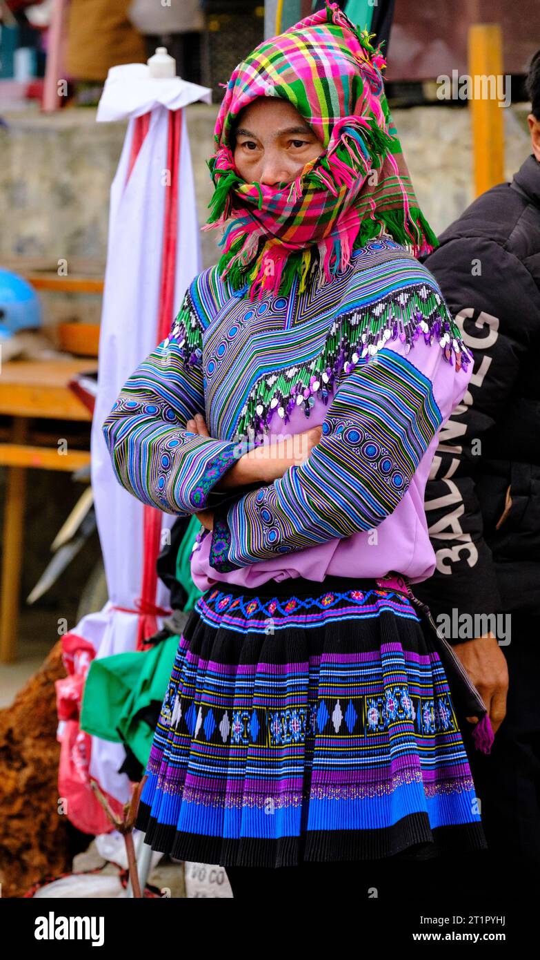 Bac Ha, Vietnam. Hmong Woman in Traditional Clothing in the Sunday Market. Lao Cai Province. Stock Photo