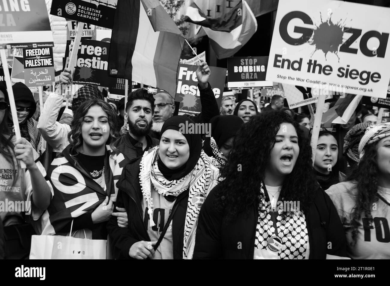 Thousands of pro palestinian protesters march through the streets of