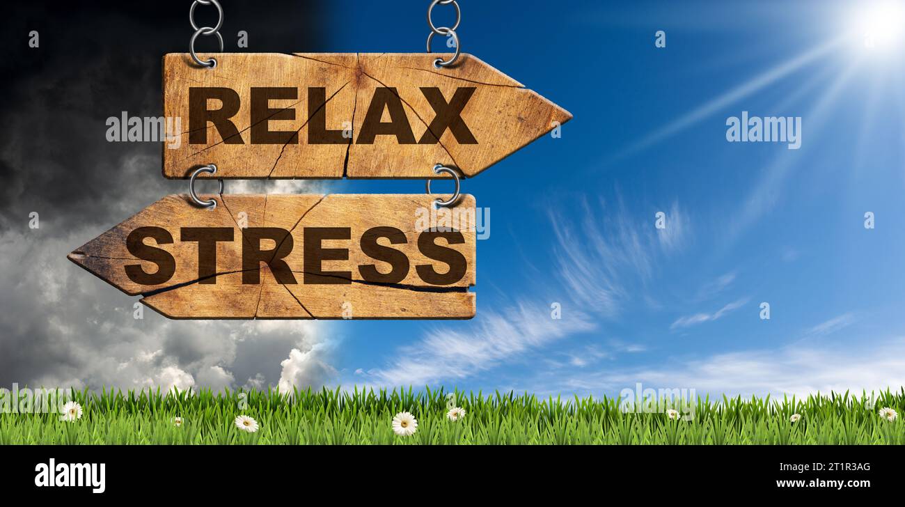 Two wooden directional signs with text Relax and Stress on a ...