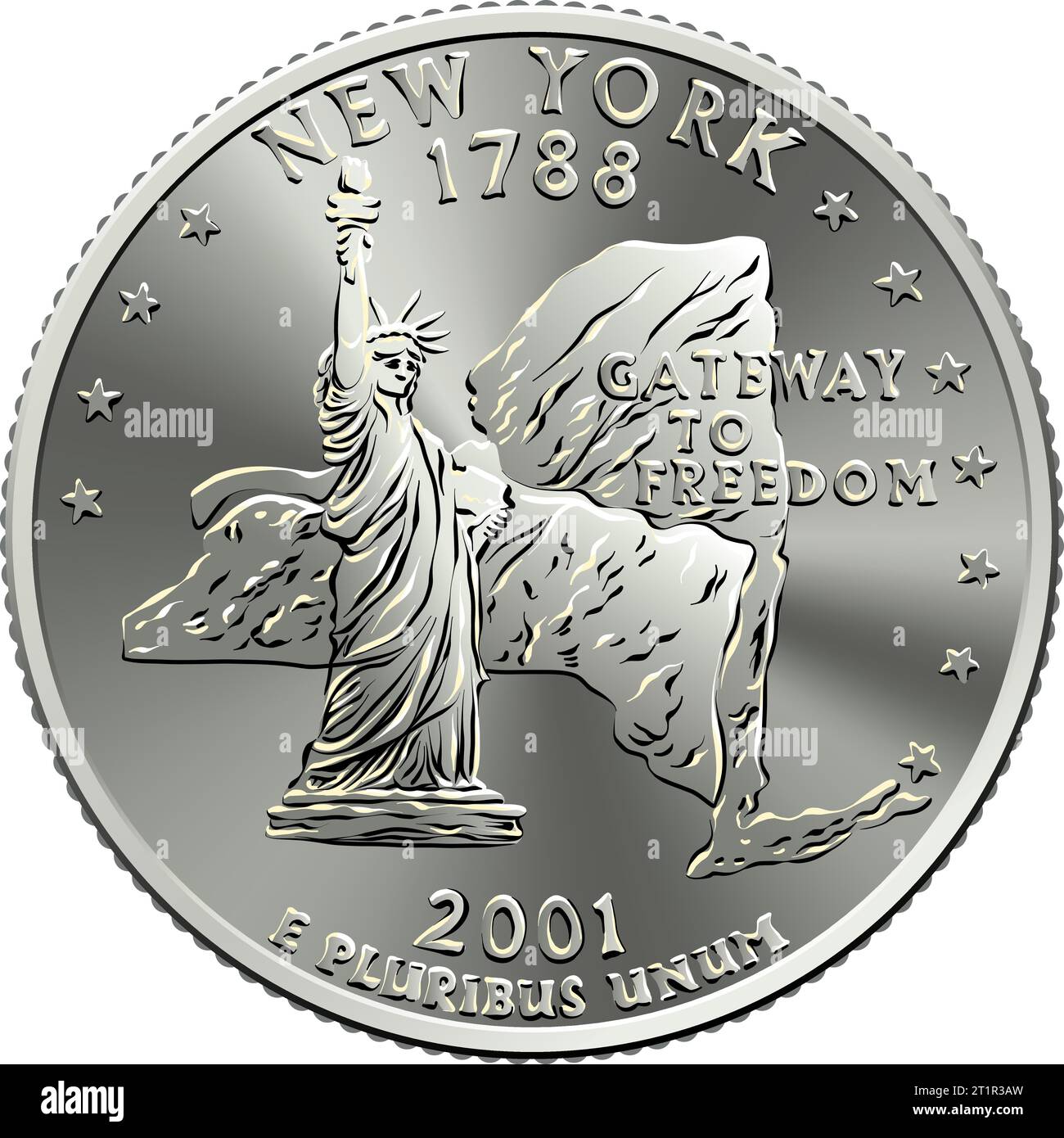 American money, USA Washington quarter dollar New York, wild with Statue of Liberty on reverse Stock Vector