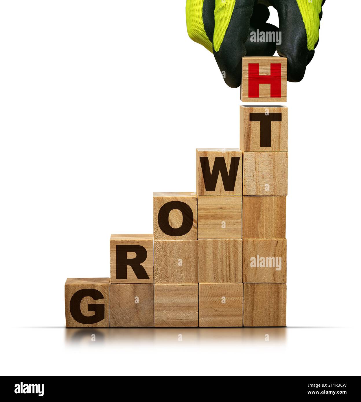 Gloved hand arranging wood blocks with text Growth, isolated on white ...