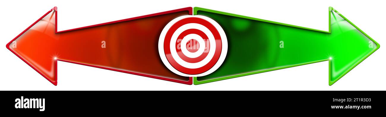 Red and white target (bull's eye,) and a green and red arrow. Directional sign with copy space, isolated on white background. 3D illustration. Stock Photo