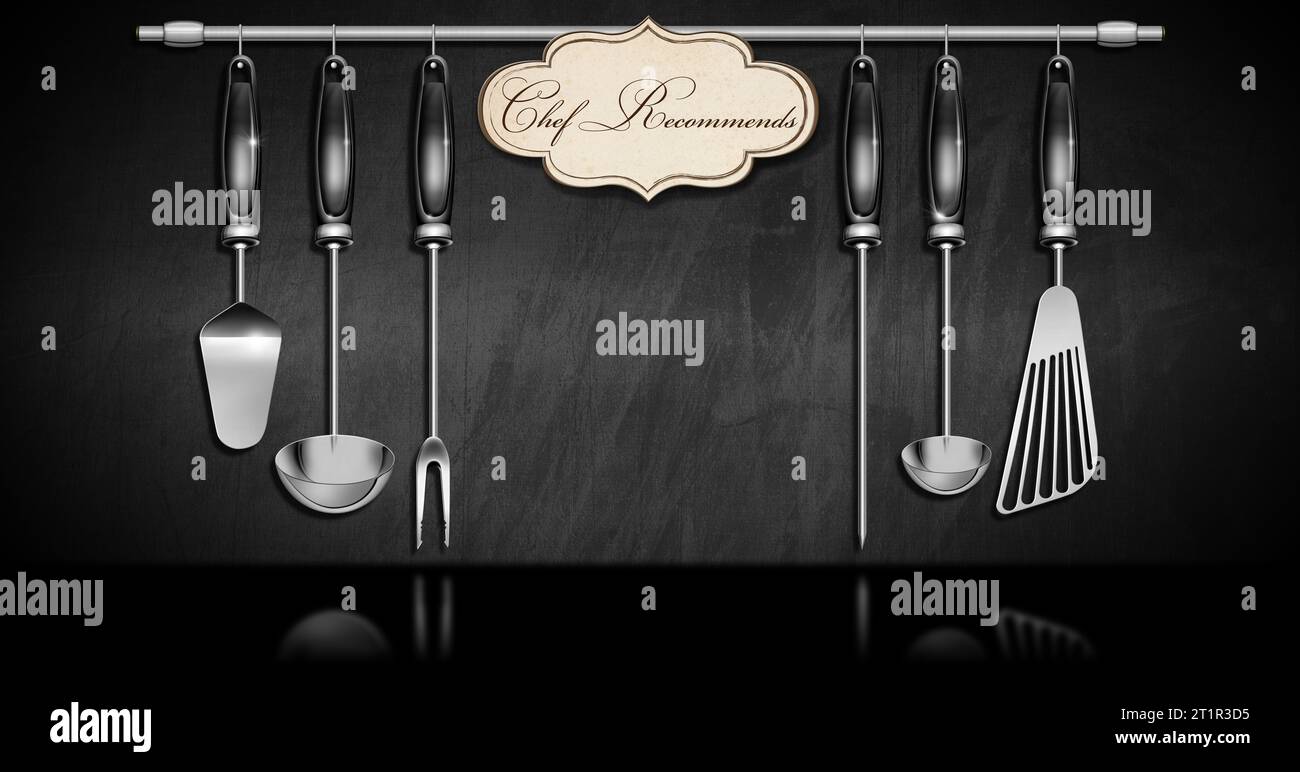 Set of kitchen utensils made of stainless steel and black plastic on a ...