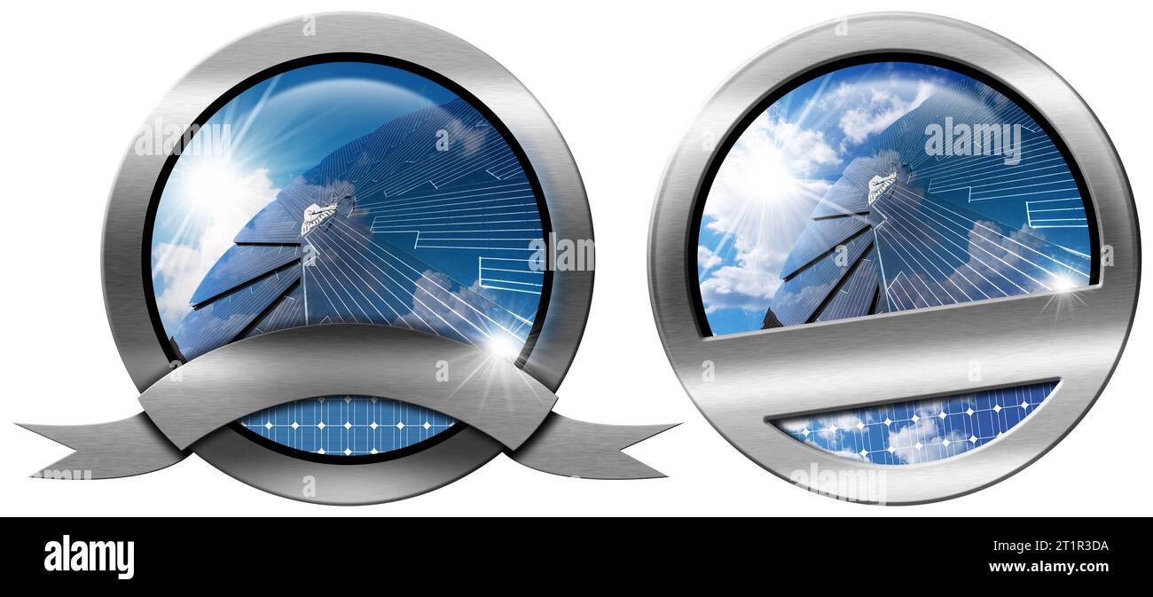 Two metallic round icons or symbols with solar panels and copy space, template for solas energy. Isolated on white background. Stock Photo