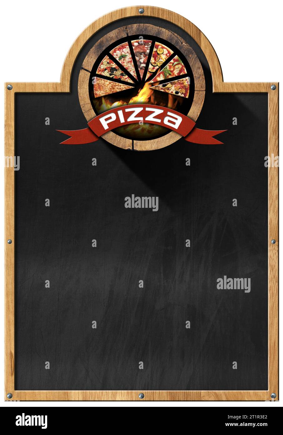 Template for a Pizza Menu. Wooden frame and symbol with slices of pizza, flames and red ribbon with text pizza, empty blackboard, isolated on white. Stock Photo