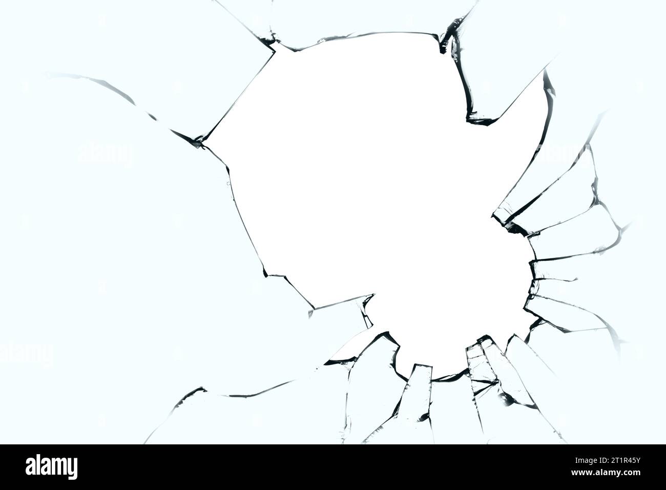 Broken glass with cracks and a big hole. Black cracks on blue glass