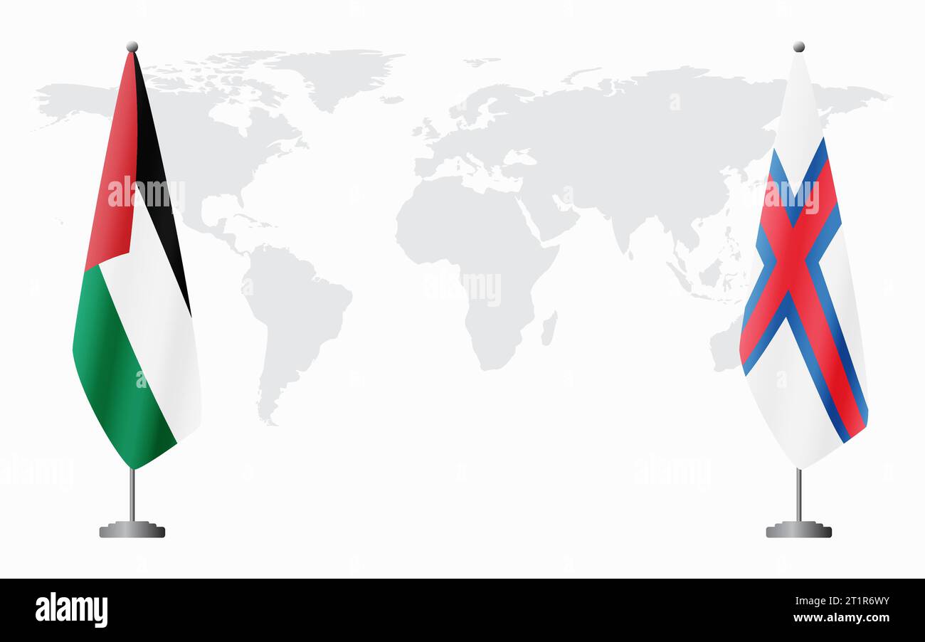 Palestine and Faroe Islands flags for official meeting against background of world map. Stock Vector