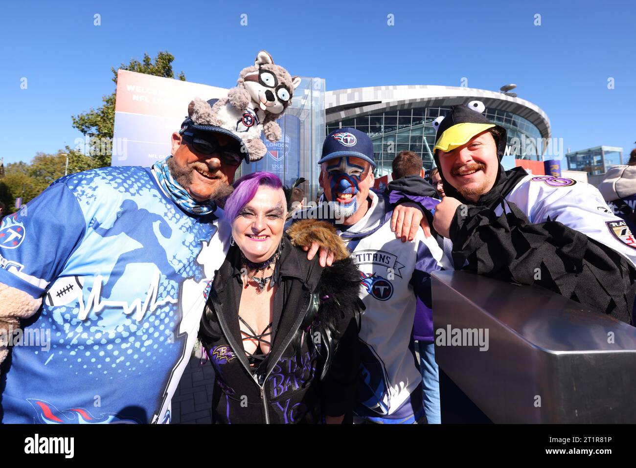 Tottenham Hotspur Stadium, London, UK. 15th Oct, 2023. NFL UK Football, Baltimore Ravens versus Tennessee Titans; Tennessee Titans fans outside Tottenham Hotspur Stadium in fancy dress Credit: Action Plus Sports/Alamy Live News Stock Photo