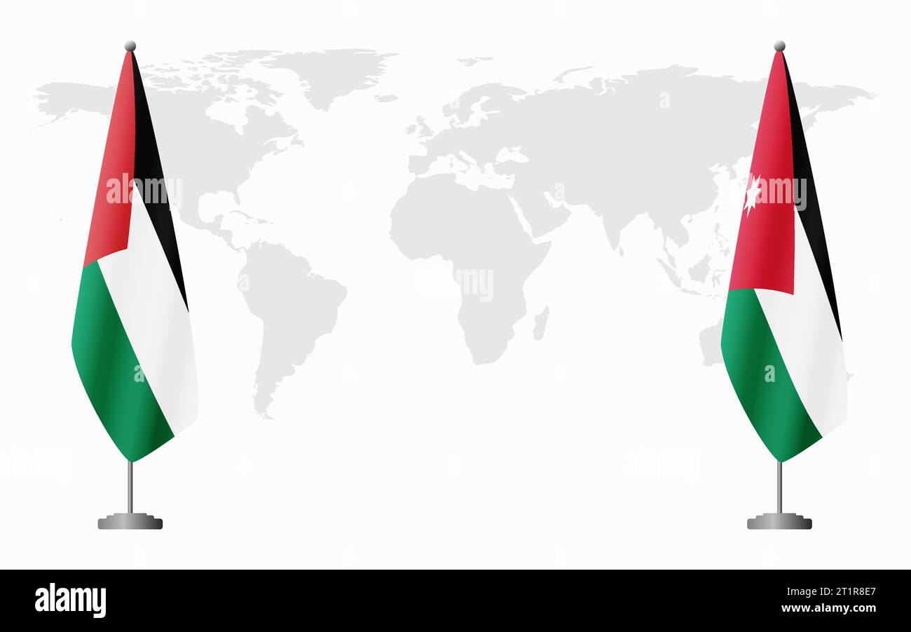 Palestine and Jordan flags for official meeting against background of world map Stock Vector