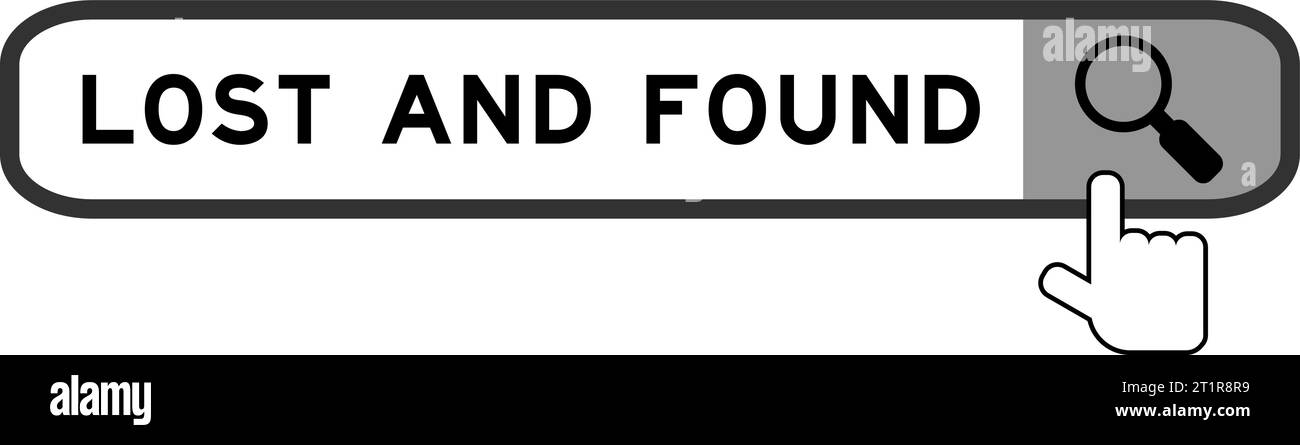 Search banner in word lost and found with hand over magnifier icon on white background Stock Vector