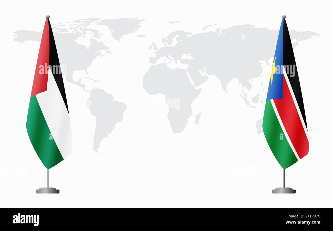 Palestine and South Sudan flags for official meeting against background of world map. Stock Vector