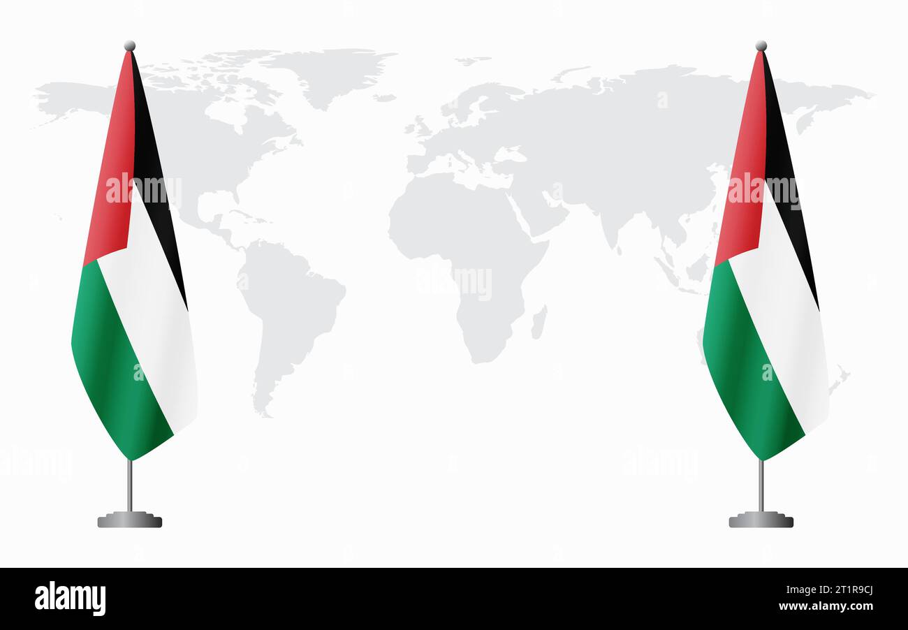Palestine and Palestine flags for official meeting against background of world map. Stock Vector