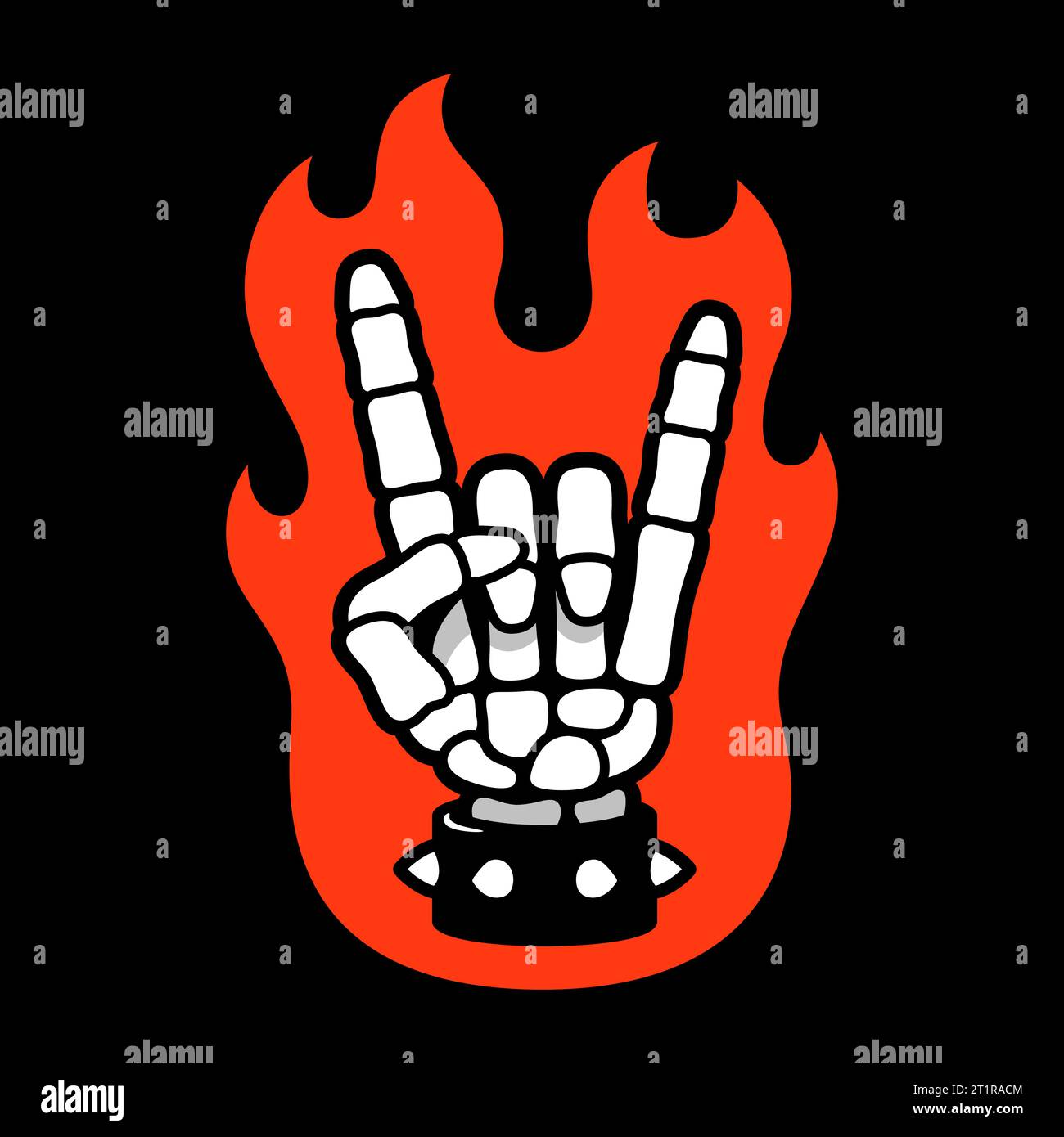 Skeleton hand making rock sign on fire. Heavy metal gesture with spiked leather bracelet in cartoon comic style. Music fan. Vector illustration Stock Vector