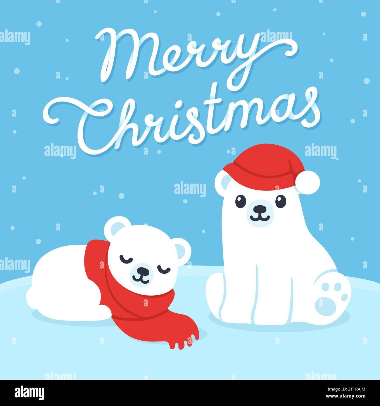 Cute cartoon white polar bear cubs in winter hat and scarf with text Merry Christmas. Simple vector clip art illustration, festive seasonal banner. Stock Vector