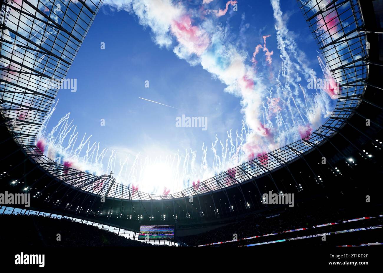 Fireworks are set off above the stadium prior to the NFL international match at the Tottenham Hotspur Stadium, London. Picture date: Sunday October 15, 2023. Stock Photo