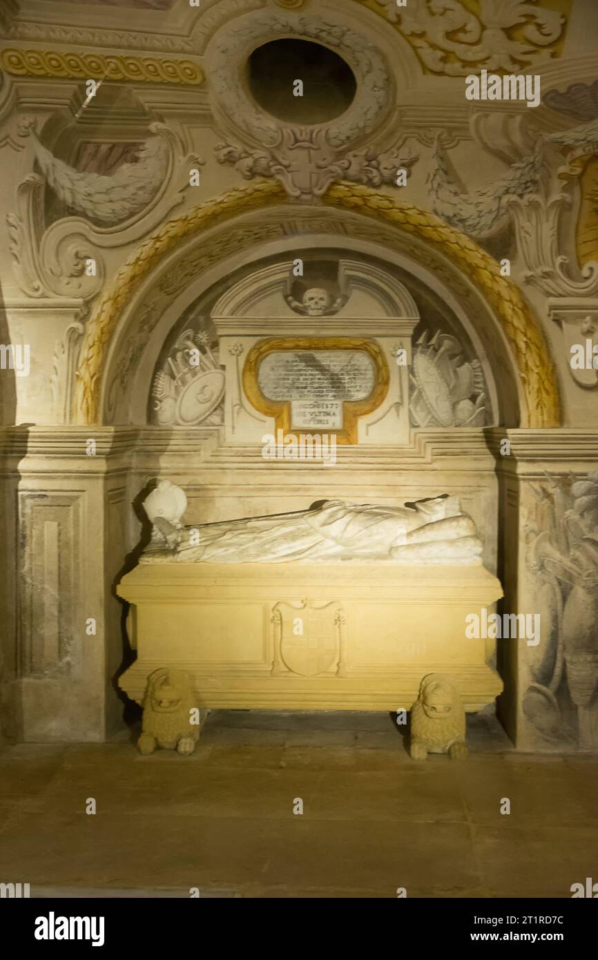 Valletta, Malta - 17 June 2023: Stone sarcophagus for the deceased inside the Valletta Cathedral in Malta Stock Photo