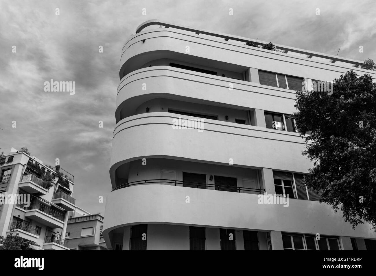 Tel Aviv, Israel - October 2, 2023 - Typical Bauhaus inspired architectral detail from Tel Aviv, also called as the White City. Tel Aviv widely hosts Stock Photo