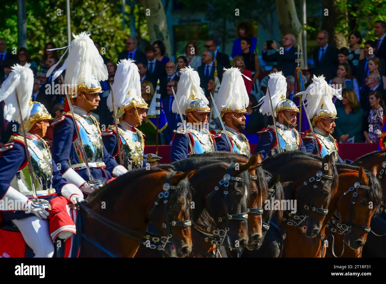 Spanish Royal mounted Guards  . Some 4,100 military personnel participated during the National Day military parade including King Felipe VI, Queen Let Stock Photo