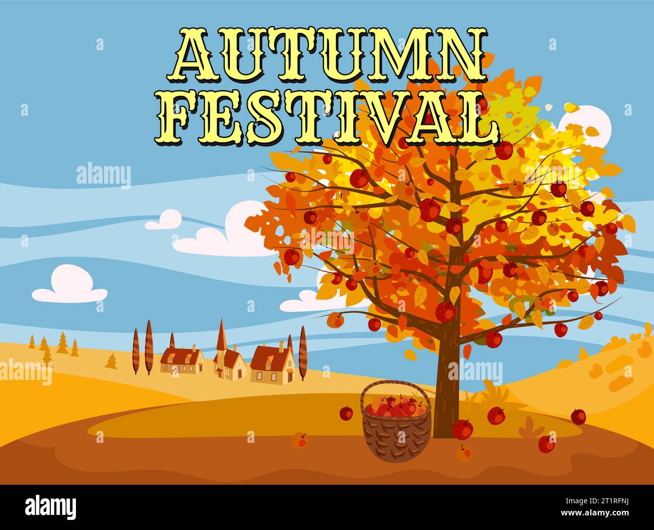 Autumn Festival countryside landscape, fall tree, farm, rural village