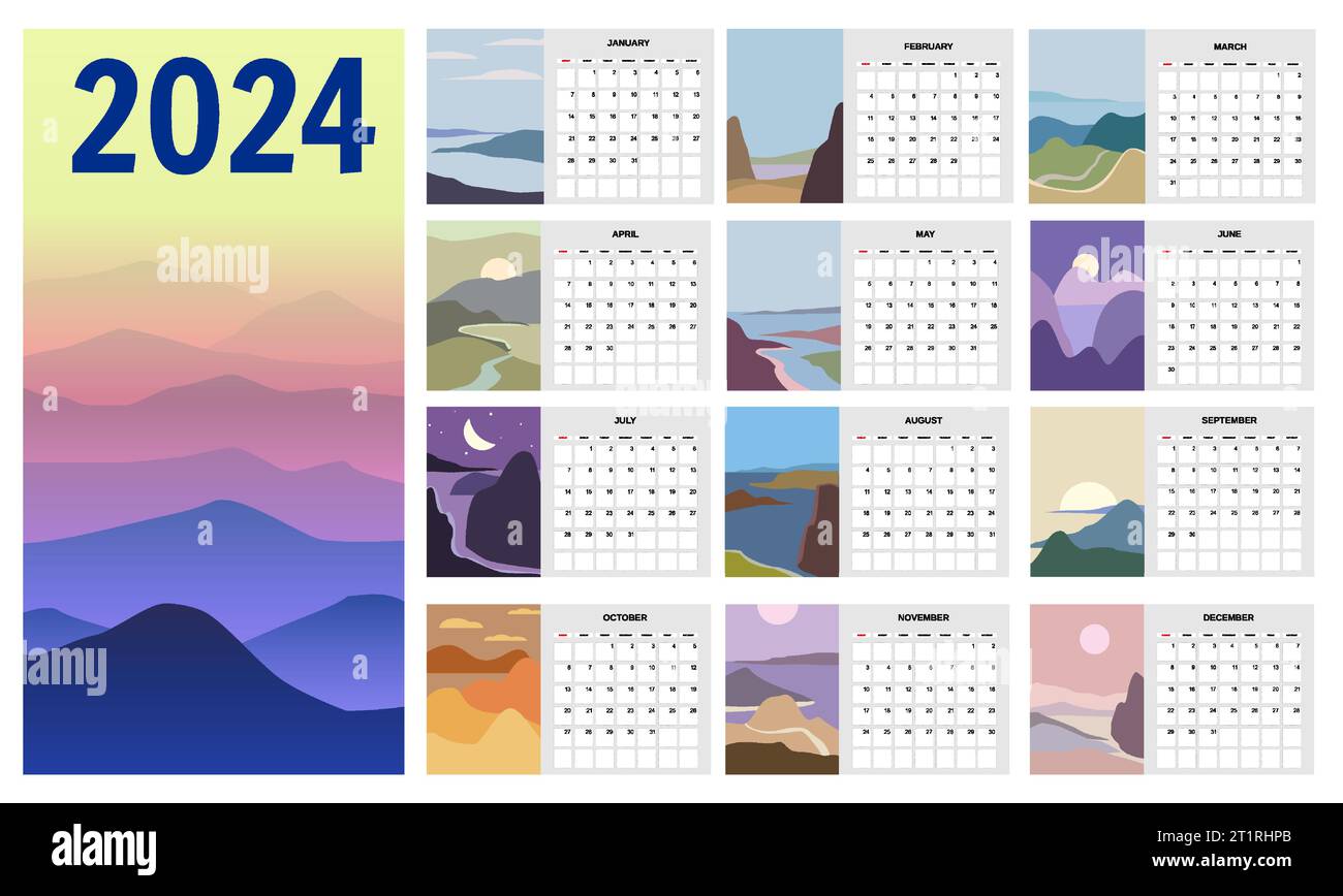 2024 Wall Calendar planner set of 12 minimalistic abstract landscape natural backgrounds Stock Vector