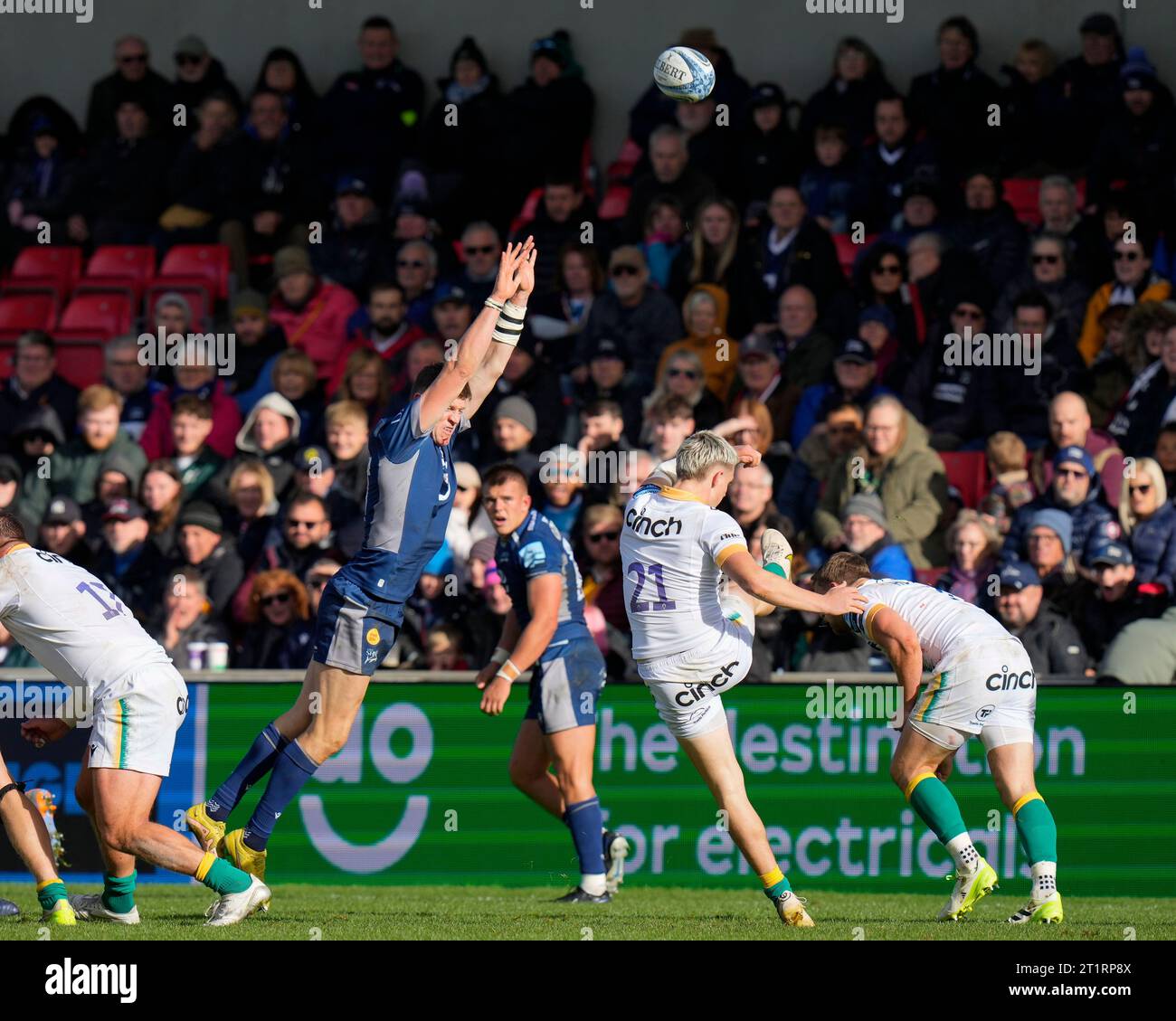 Archie McParland #21 of Northampton Saints kicks clear during the Gallagher Premiership match Sale Sharks vs Northampton Saints at AJ Bell Stadium, Eccles, United Kingdom, 15th October 2023  (Photo by Steve Flynn/News Images) Stock Photo