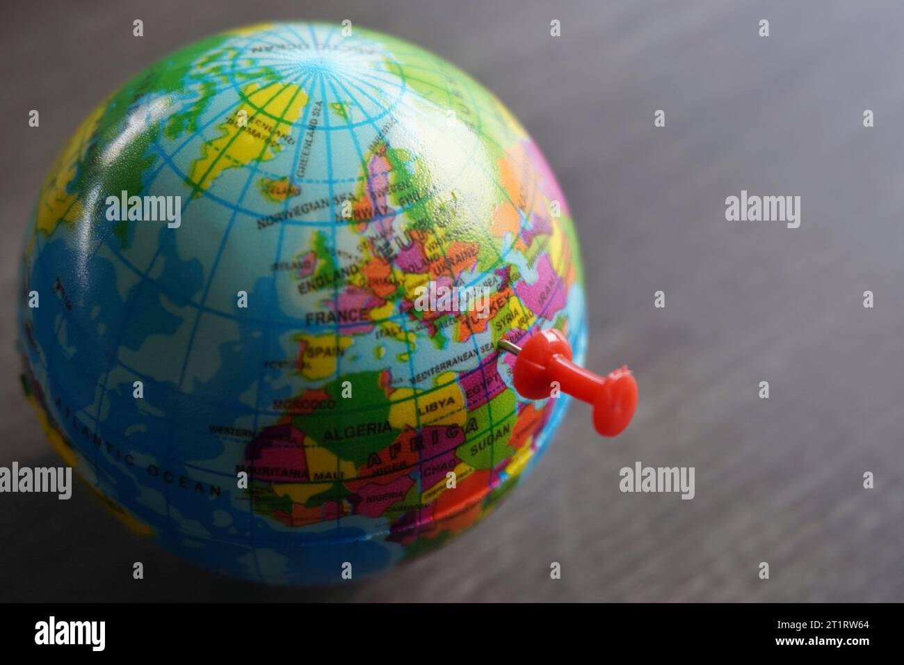 Close up image of push pin pointing at Gaza, Palestine on world globe. Copy space for text Stock Photo