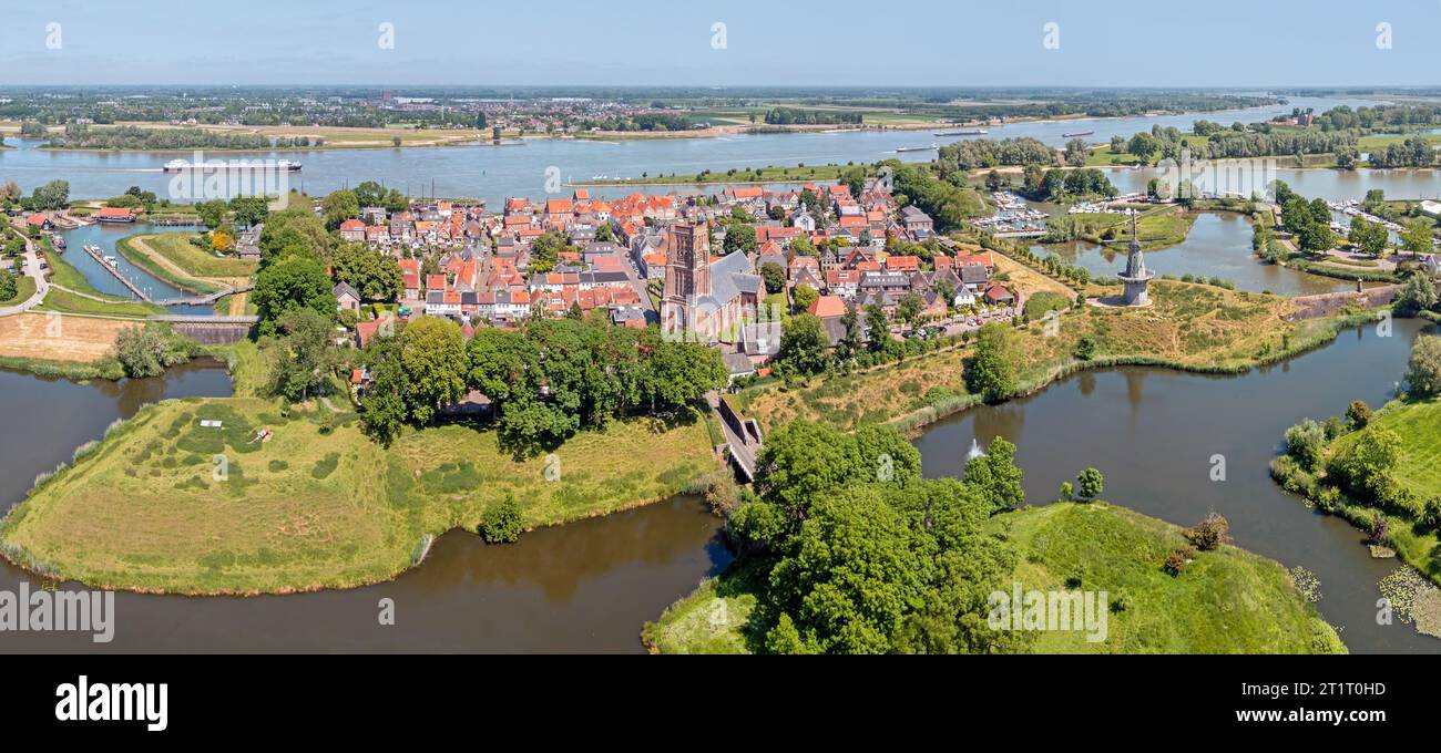 Aerial panorama from the historical city Woudrichem at the river Merwede in the Netherlands Stock Photo
