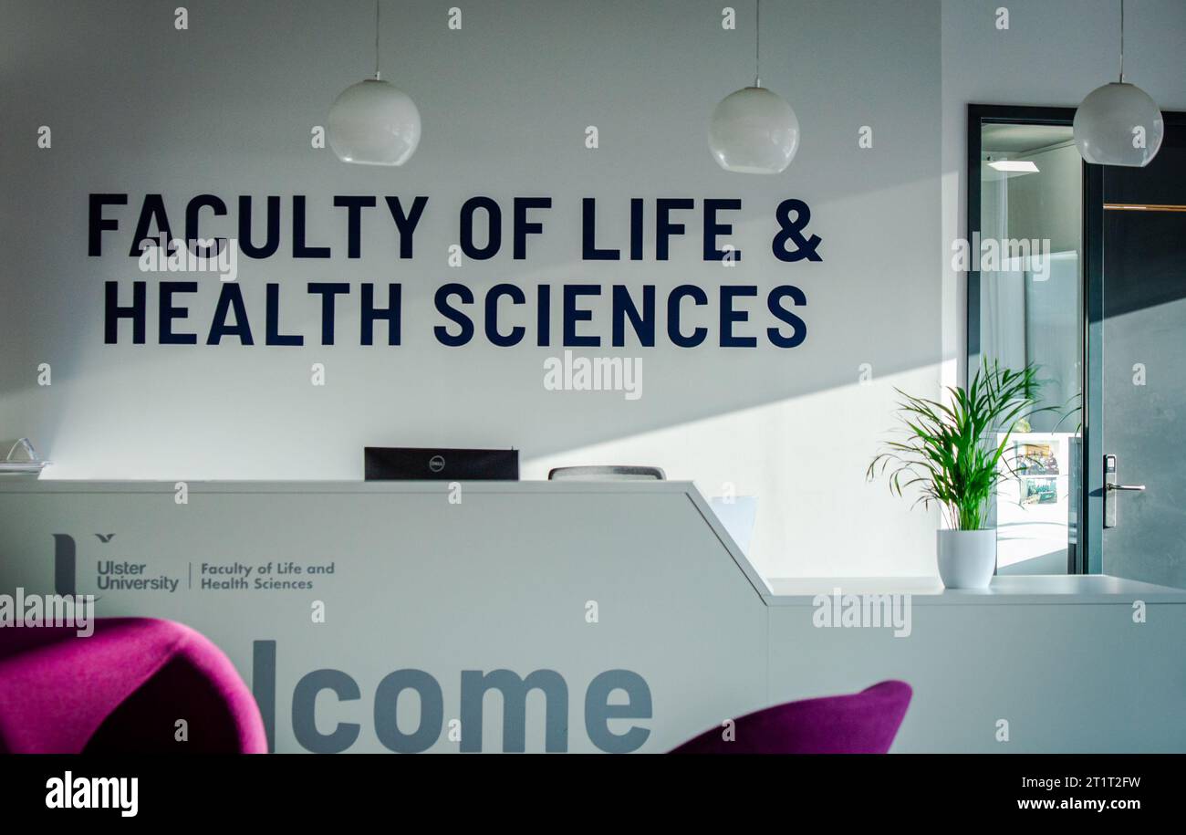 Belfast, UK, Sep 29, 2023. View of the reception desk of Faculty of Life & Health Sciences at Ulster University Belfast campus. Stock Photo