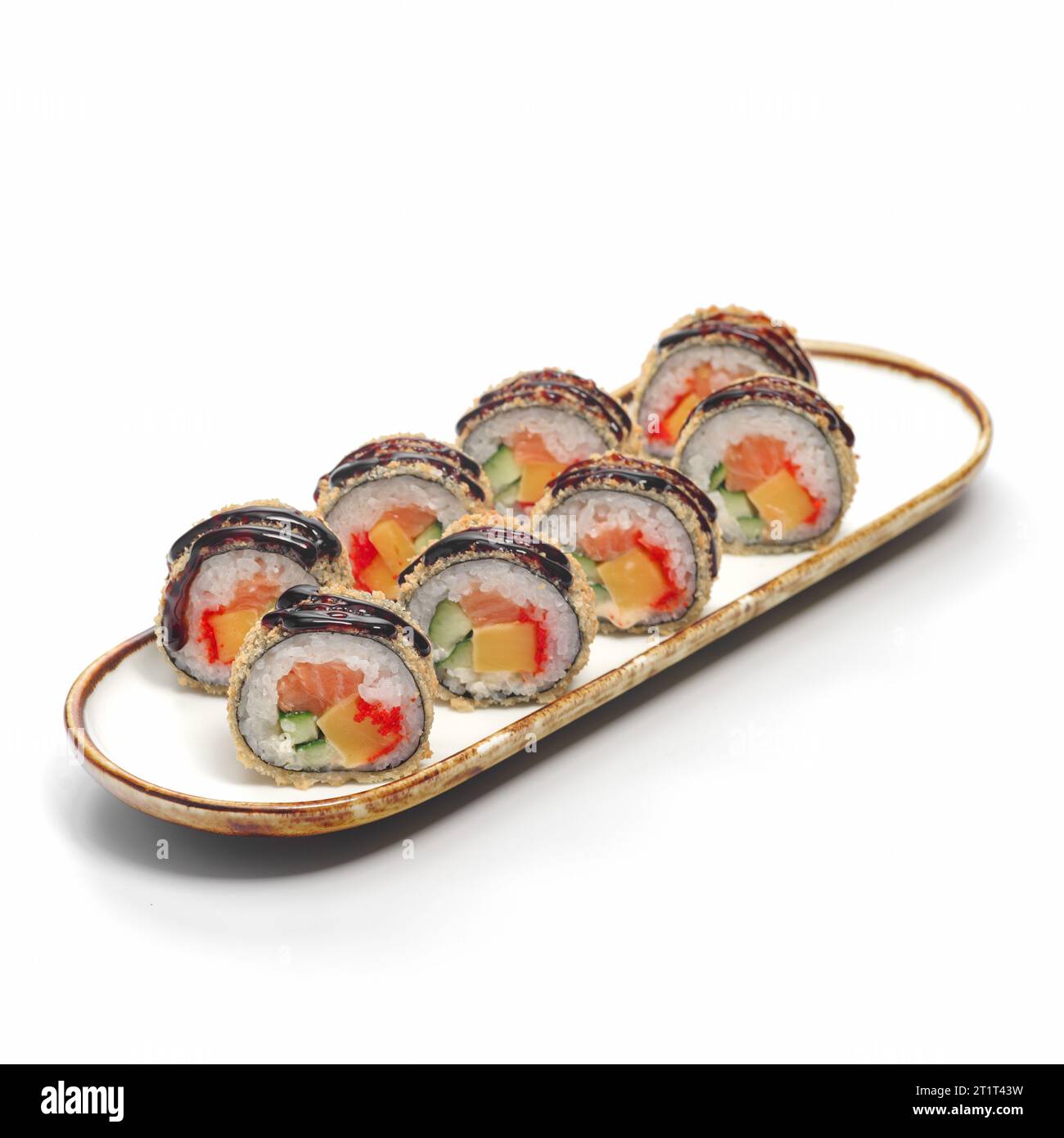 ROLL SAKE TEMPURA Rice, Nori, Salmon, Cucumber, Gouda Cheese, Tobiko Roe, Panko Breadcrumbs