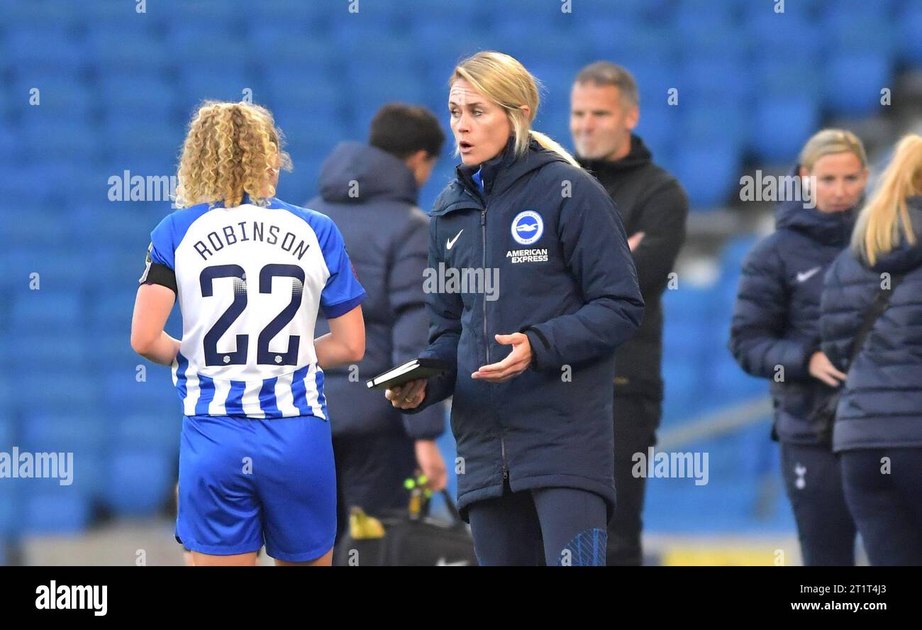 Brighton UK 15th October 2023 -  Brighton head coach Melissa Phillips has a word with  Katie Robinson of Brighton during the Barclays  Women's Super League football match between Brighton & Hove Albion and Tottenham Hotspur at The American Express Stadium (Editorial Use Only) : Credit Simon Dack /TPI/ Alamy Live News Stock Photo