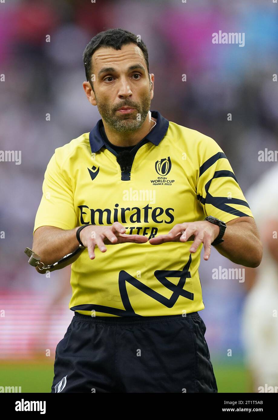 Referee Mathieu Raynal during the Rugby World Cup 2023 quarter-final match at the Stade Velodrome in Marseille, France. Picture date: Sunday October 15, 2023. Stock Photo