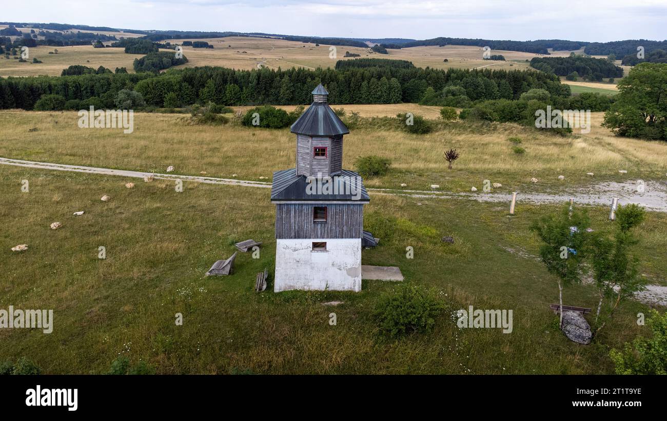 View of the Sternenberg tower in winter on the former Swabian Alb military training area from drone Stock Photo