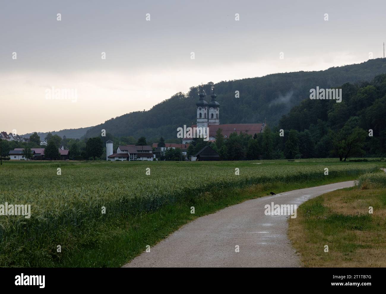 old historic rural church with two onion domes, fir forest with clouds in the background Stock Photo