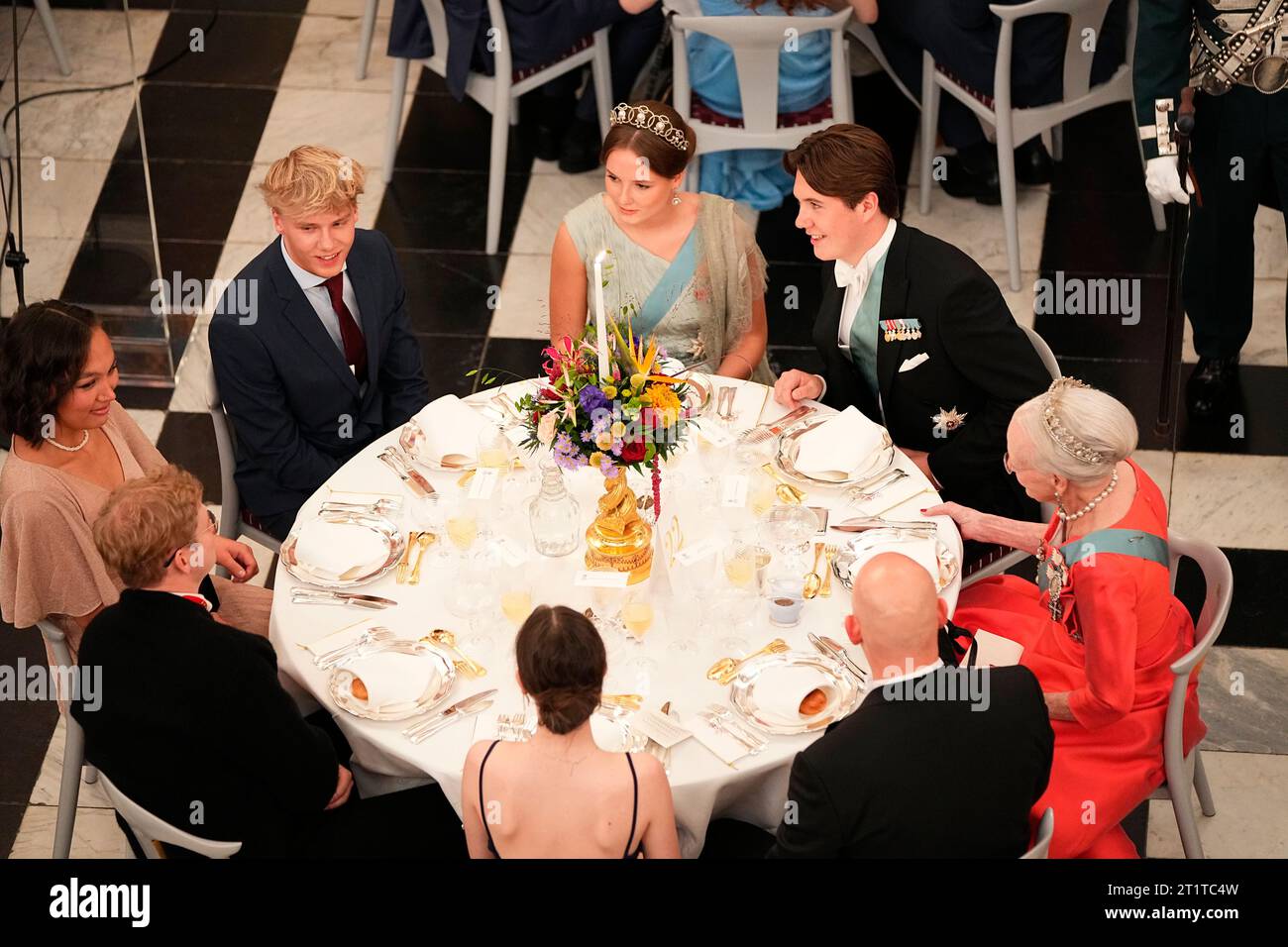 Princess Ingrid Alexandra of Norway(center), Prince Christian and queen Margrethe. Prince Christian's 18th birthday is celebrated with a gala dinner at Christiansborg Castle in Copenhagen, Sunday 15 October 2023. (Photo: Mads Claus Rasmussen/Scanpix 2023) Stock Photo
