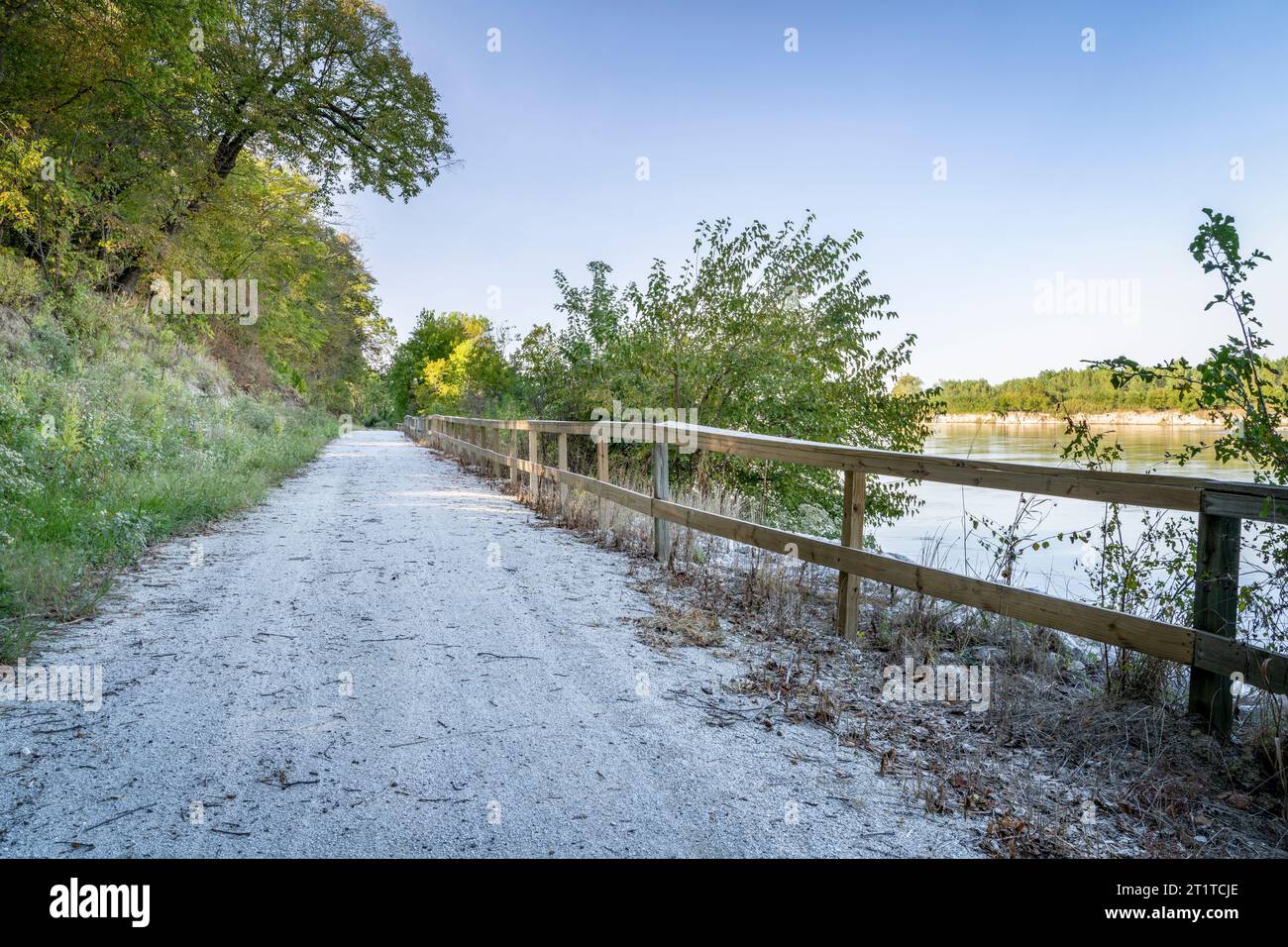 Missouri River and Steamboat Trace Trail converted from old railroad near Brownville, Nebraska Stock Photo