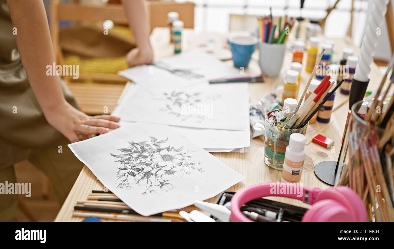 A middle school Hispanic teen girl work on her picture at a free art class  in Laguna Beach, CA. Note art supplies Stock Photo - Alamy