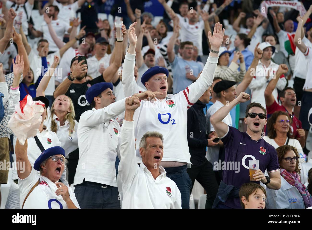 England fans celebrate after the Rugby World Cup 2023 quarter-final match at the Stade Velodrome in Marseille, France. Picture date: Sunday October 15, 2023. Stock Photo