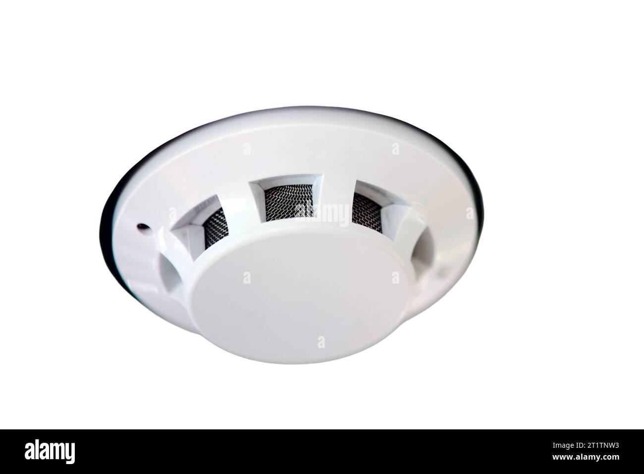 Smoke detector in the train, close up, isolated on white background. Fire alarm system on a