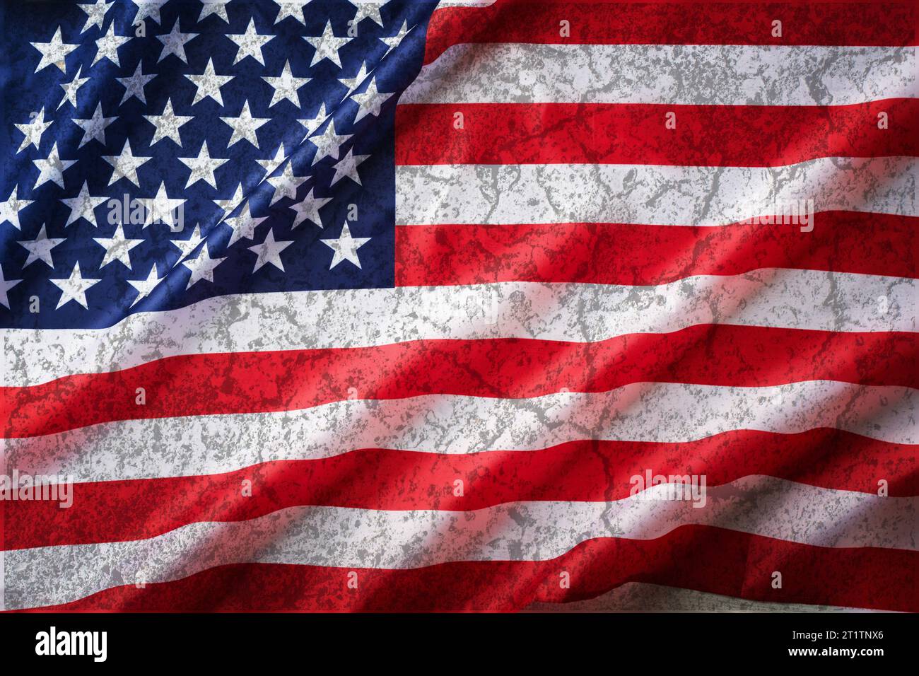 Grungy American USA flag background for design. Beautifully waving wave American flag old wall texture for design. National pride of United States Ame Stock Photo