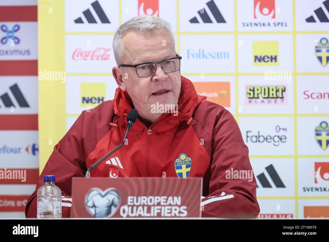 Brussels, Belgium. 15th Oct, 2023. Sweden's head coach Janne Andersson pictured during a press conference of the Swedish national soccer team, at the King Baudouin stadium (Stade Roi Baudouin - Koning Boudewijn stadion), Sunday 15 October 2023. The Belgian national soccer team Red Devils are playing against Sweden on Monday, match 7/8 in Group F of the Euro 2024 qualifications. BELGA PHOTO BRUNO FAHY Credit: Belga News Agency/Alamy Live News Stock Photo