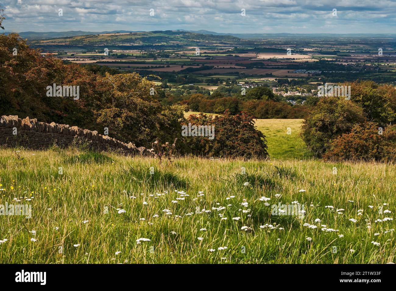 Views and scenic vistas of gloucester countryside and rural towns, villages woodlands and hillsides while hiking on the Cotswolds Way, one of sixteen Stock Photo